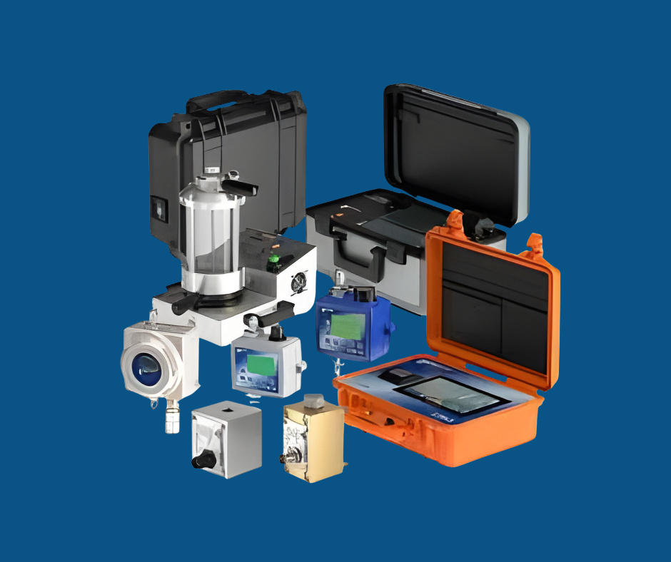 Collection of fluid analysis equipment on a blue background